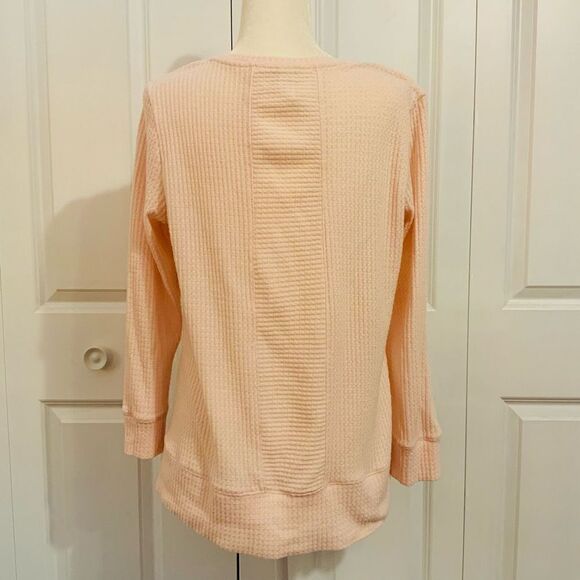 Green Tea Light Blush Pink Waffle Knit Thermal Long Sleeve Sweater Medium - Picture 9 of 11